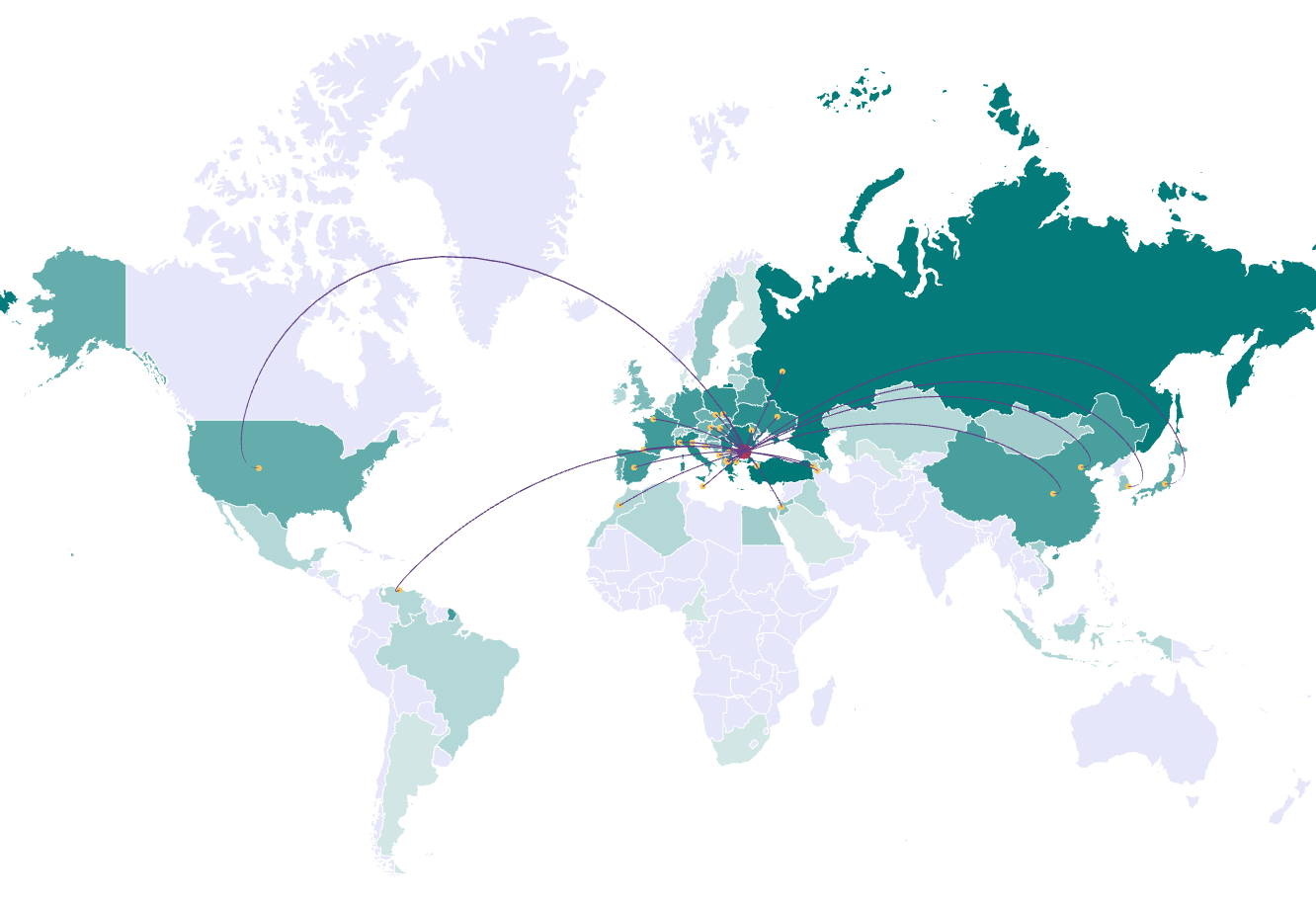 Image of world map with exploration arcs of twin towns of one Bulgarian town